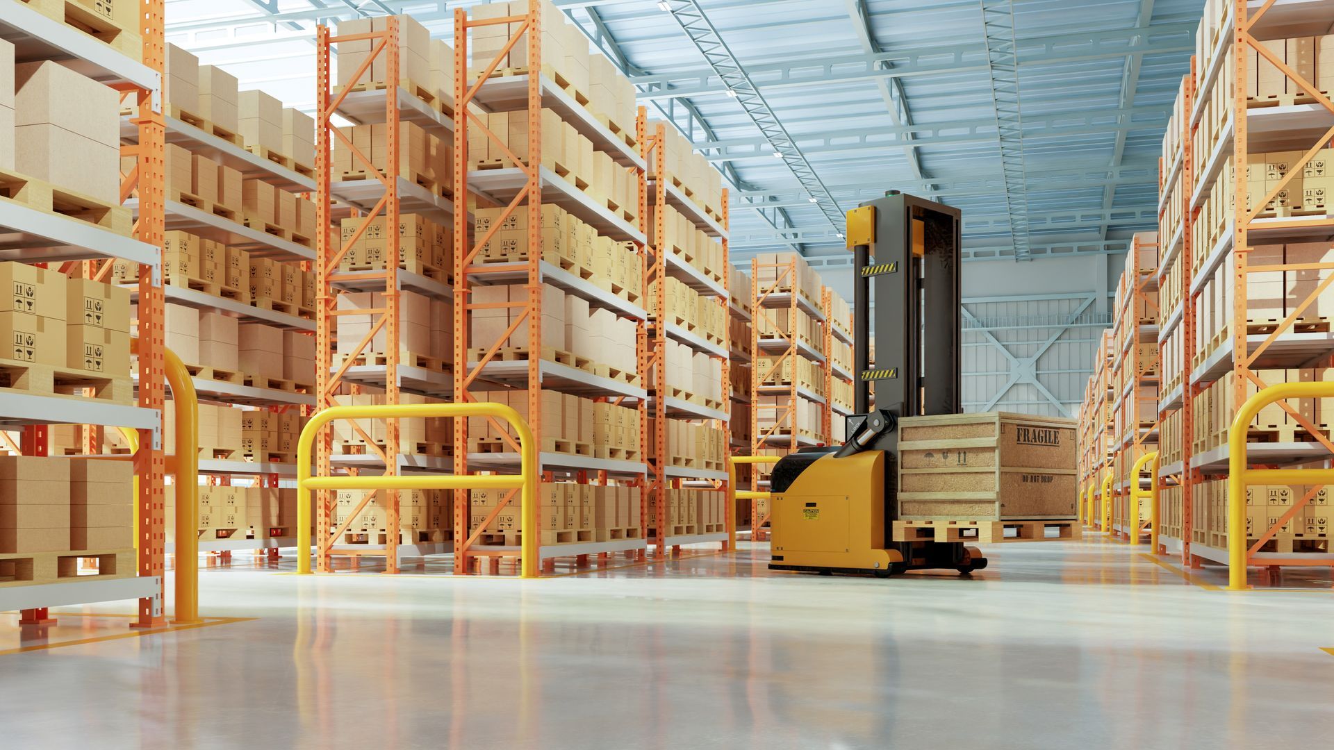 Warehouse interior with a forklift moving pallets of boxes on shelves.