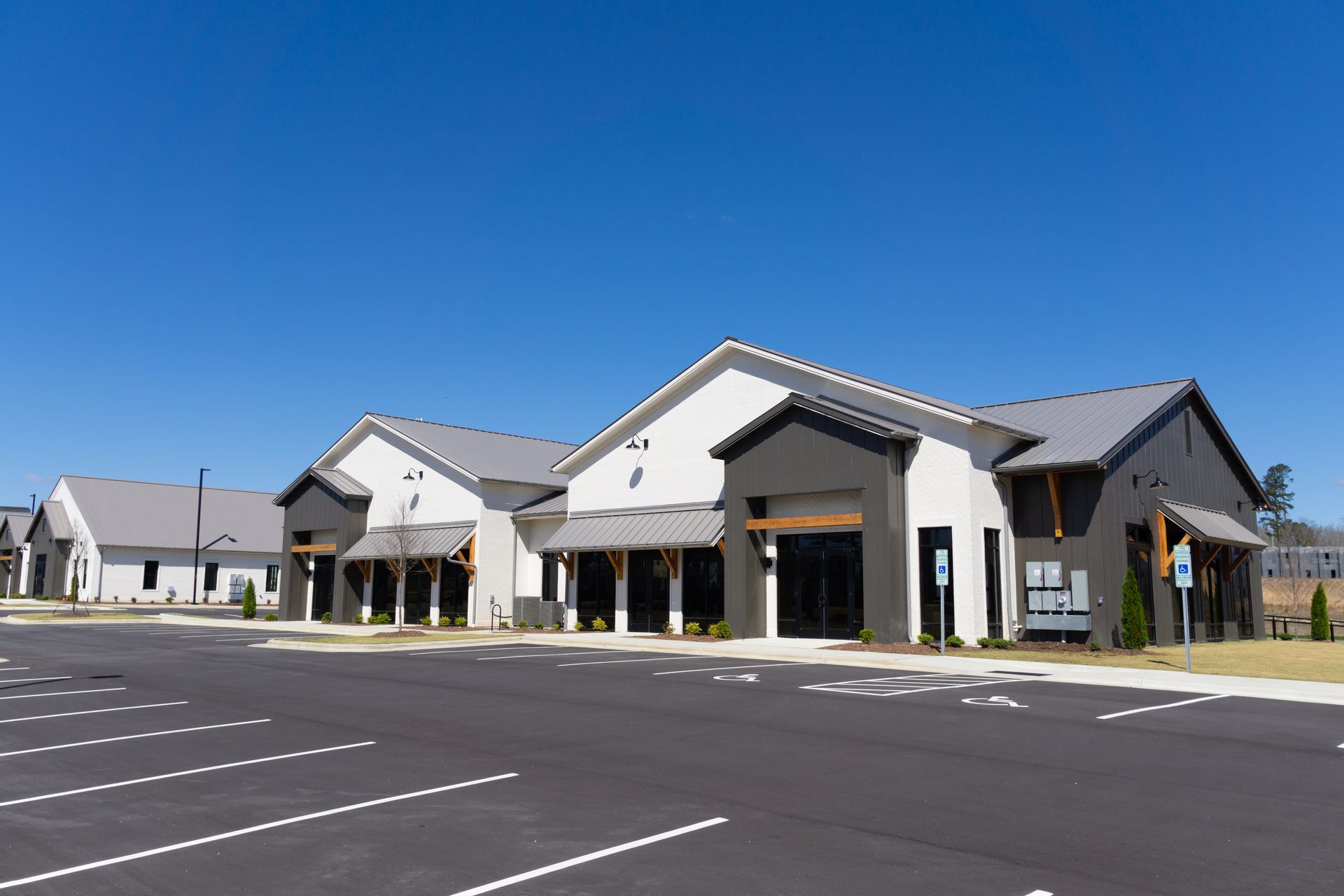 Couple shopping in a hardware store, holding paint supplies, walking down an aisle with shelves.