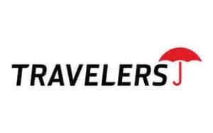 Travelers logo with black text and a red umbrella icon