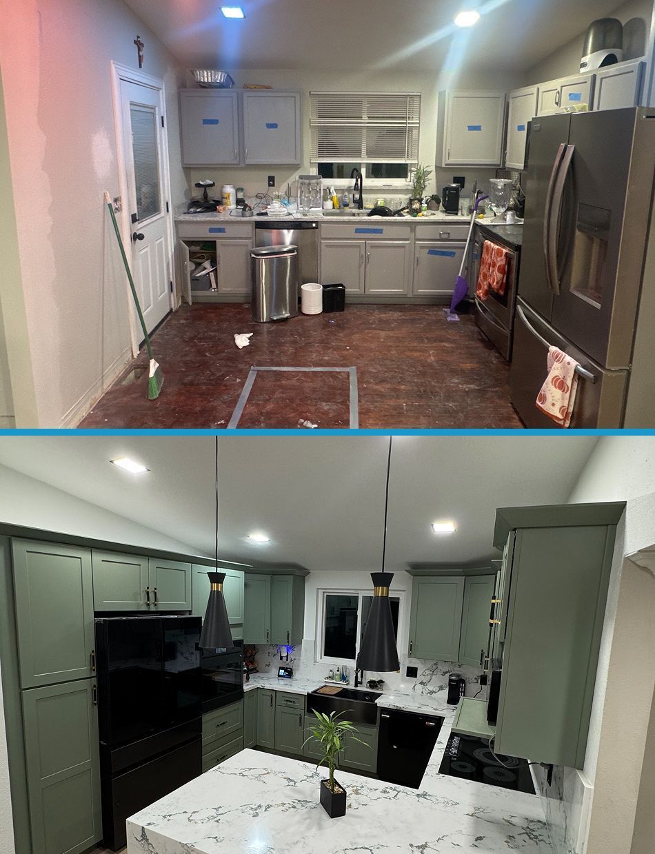 Two views of a modern kitchen with gray cabinets, white counters, and wood floors.