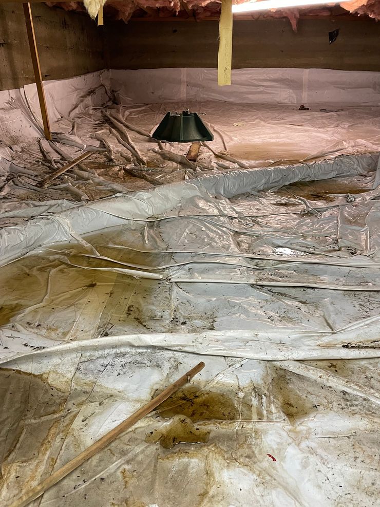 Crawlspace with torn plastic sheeting, debris, and a small black device on the dirt floor