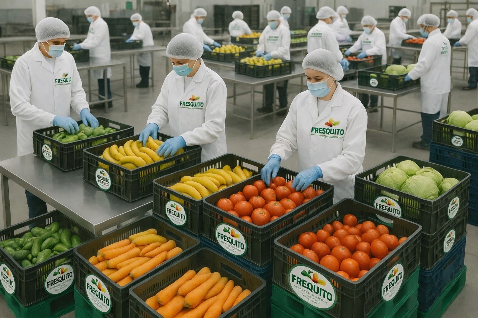 Cajas de fruta verde y naranja apiladas en una tienda. Incluye plátanos, naranjas y piñas.