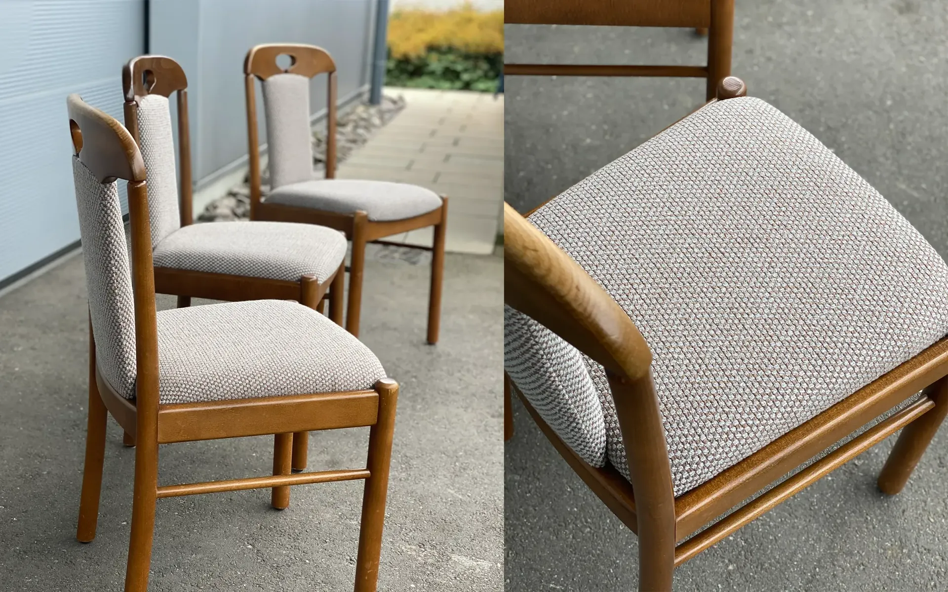 Drei Esszimmerstühle aus Holz im Mid-Century-Modern-Stil mit hellgrauen, 