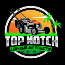 Logo for Top Notch Lawn Care and Irrigation: Lawn mower in front of a sunset, palm tree.