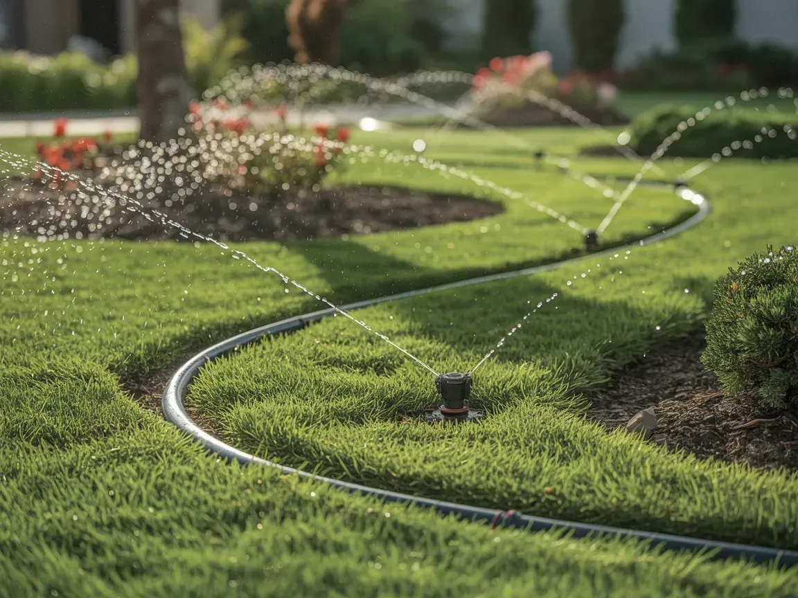 Sprinklers watering green lawn in a landscaped garden with shrubs and flowers.