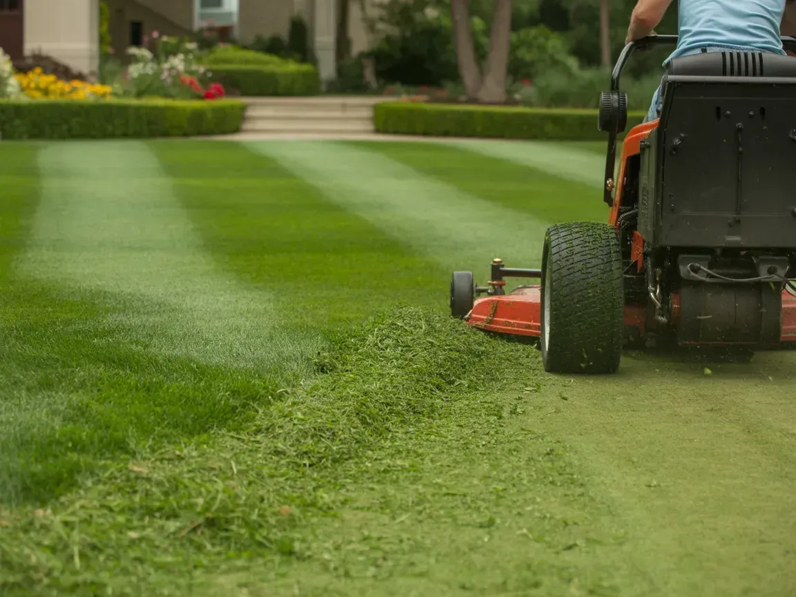 Person mowing a green lawn with a riding mower, leaving stripes of cut grass.