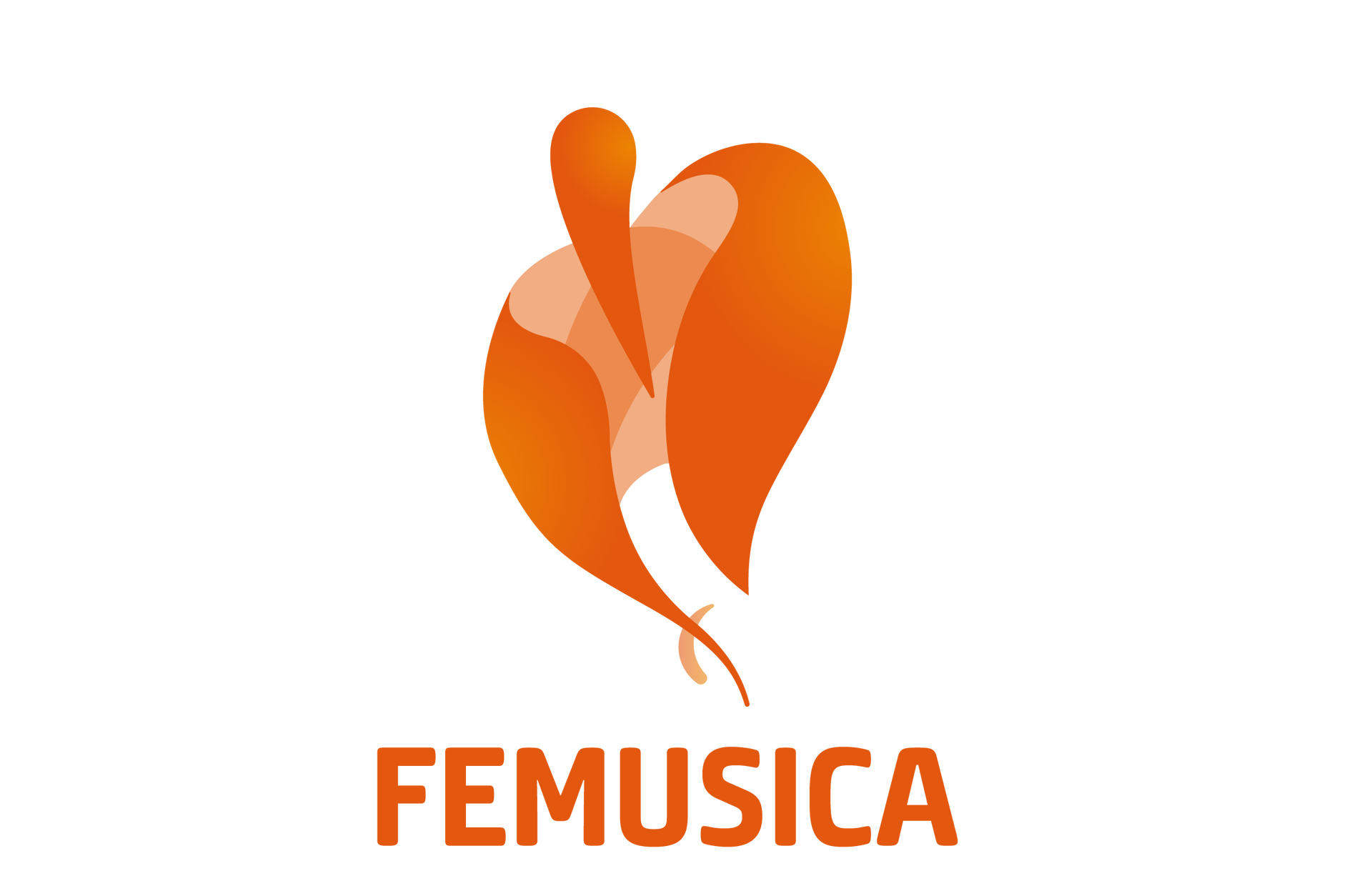 Logotipo de FEMUSICA, que presenta una forma abstracta de color naranja, similar a una hojaanja.