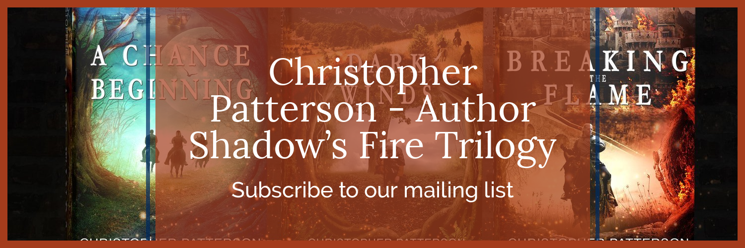 a banner for christopher patterson 's shadow 's fire trilogy