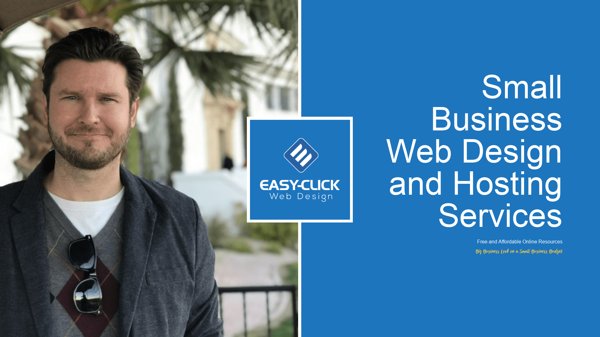 a man is standing in front of a blue sign that says small business web design and hosting services .