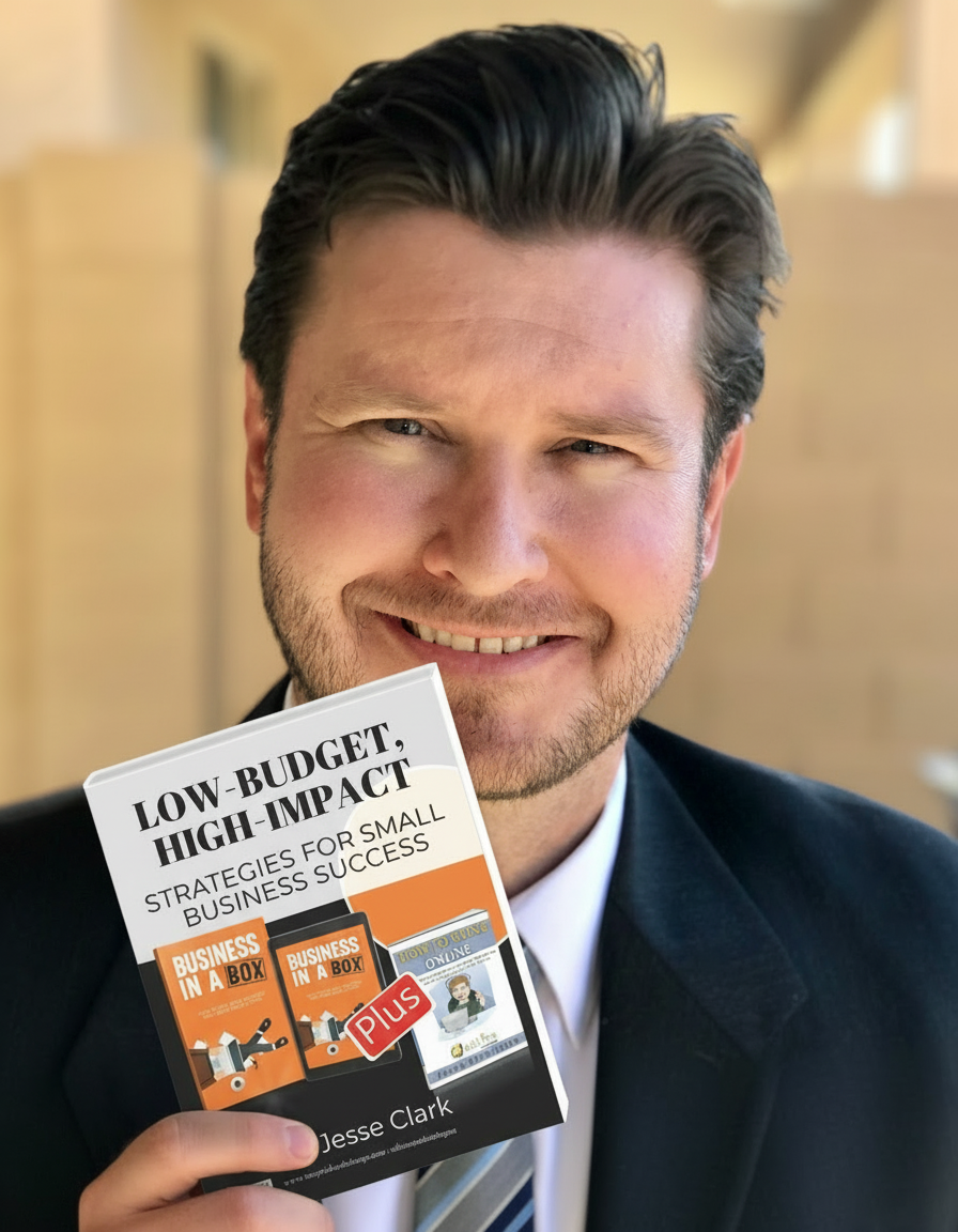 Man holding a booklet titled “Low Budget, High Impact” and smiling outdoors.
