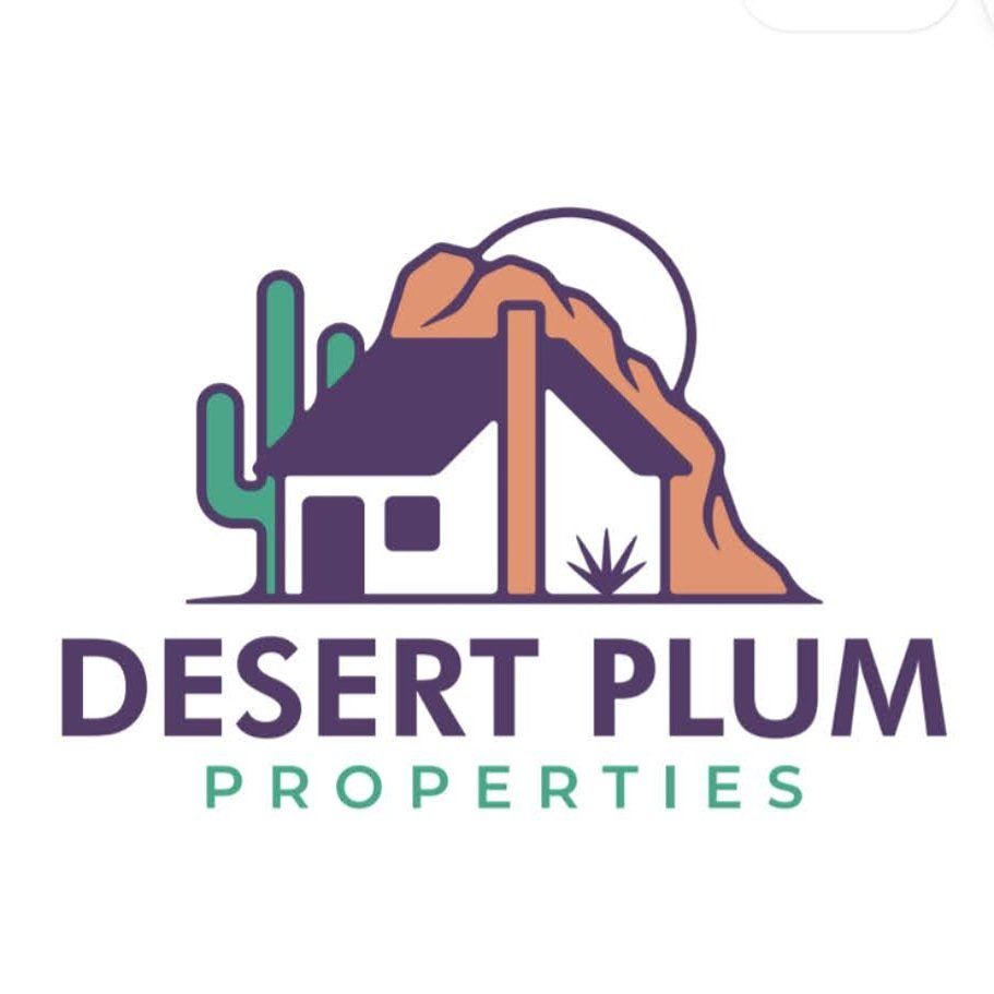 a logo for desert plum properties with a house and cactus