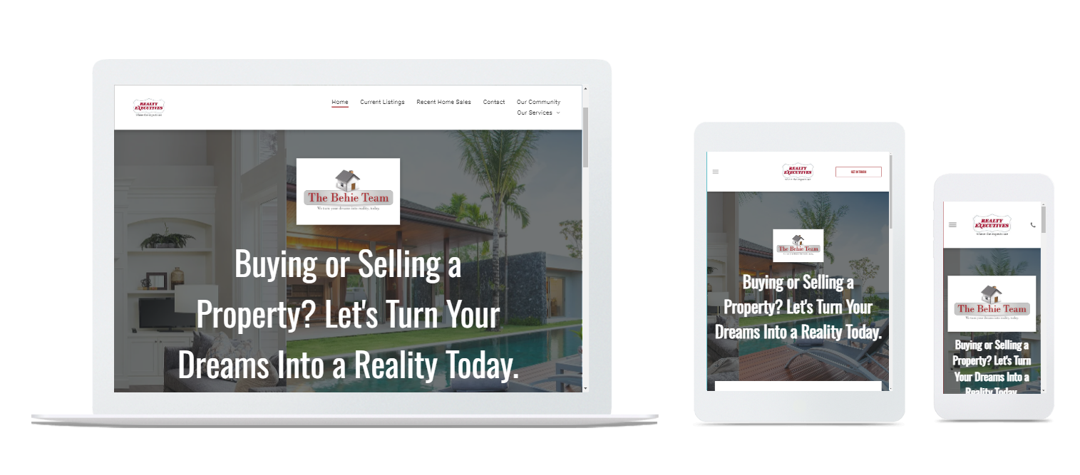 a laptop , tablet , and cell phone displaying a website for buying or selling a property .