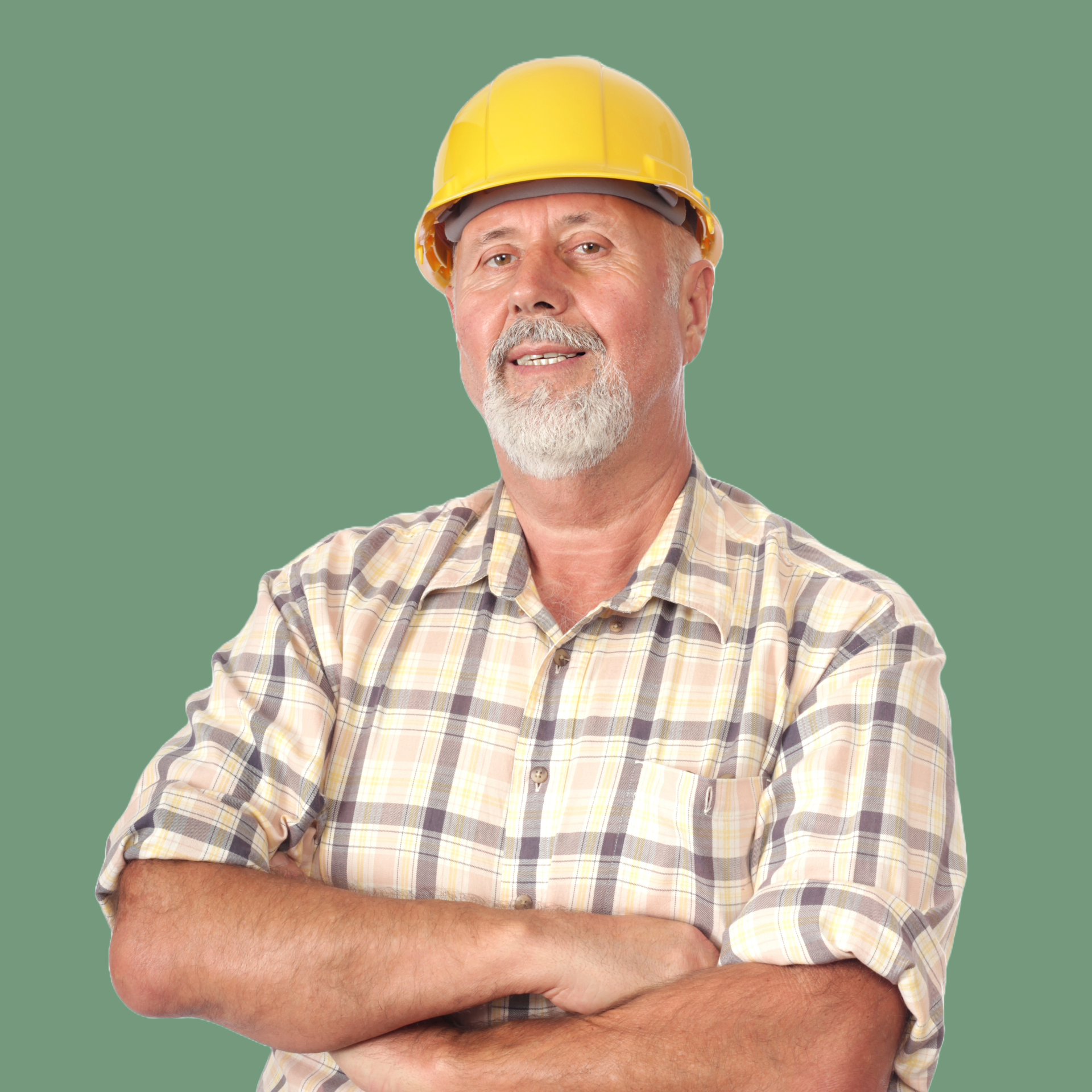 a man wearing a hard hat and plaid shirt is standing with his arms crossed 