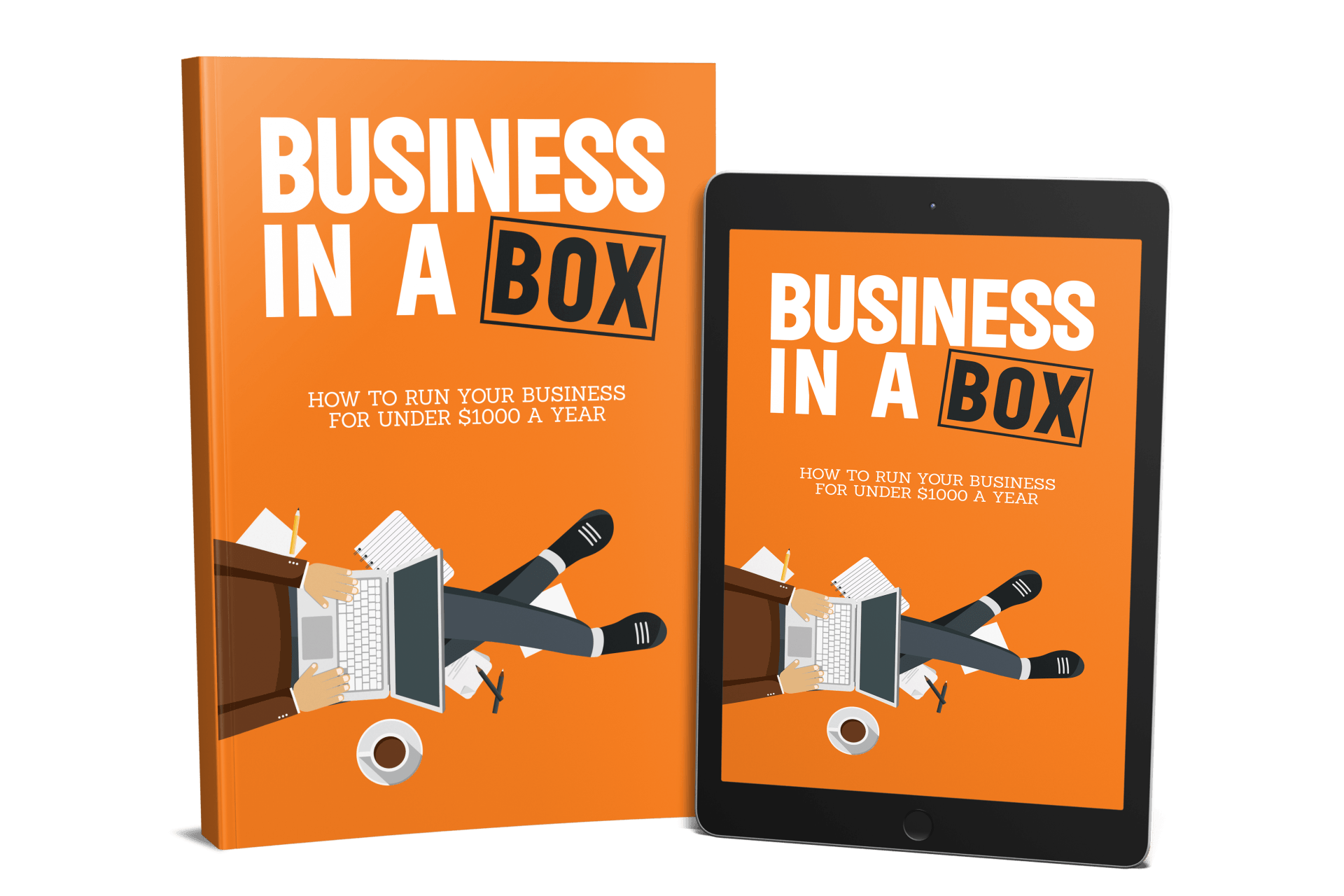 a book titled business in a box is sitting next to a tablet