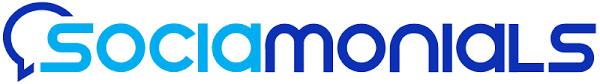 a blue and white logo for socialmonials on a white background