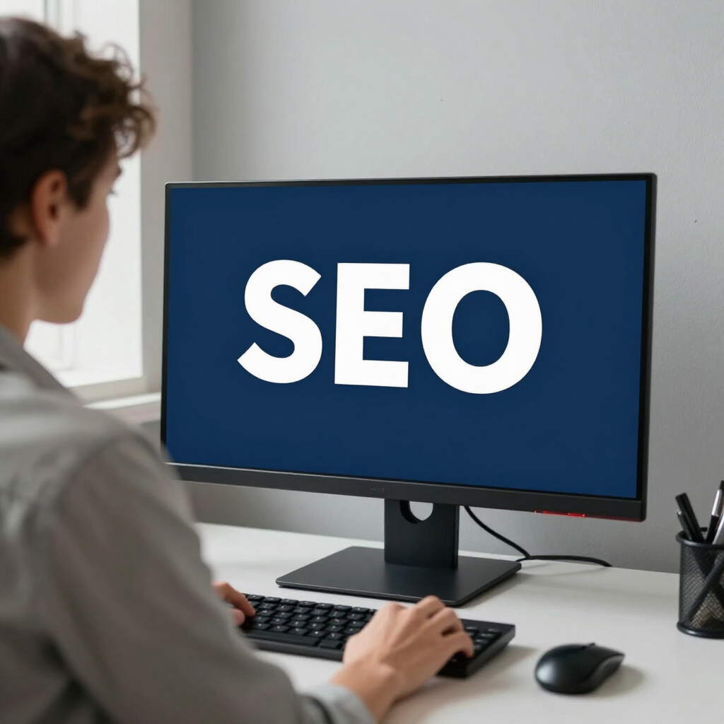 Person at desk viewing a monitor with large white “SEO” text on a blue screen