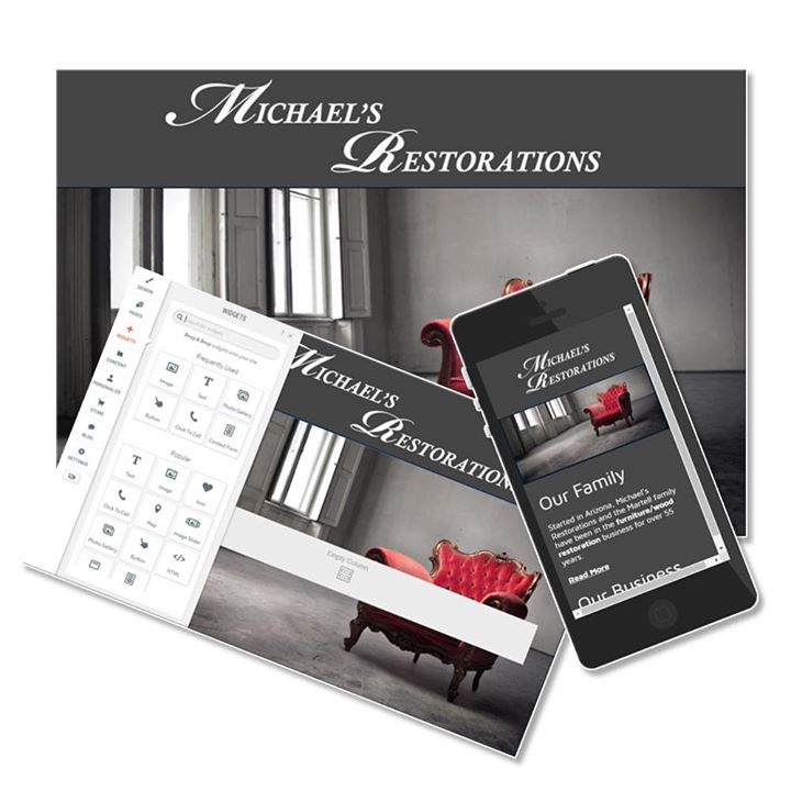 a poster for michael 's restorations with a phone and tablet
