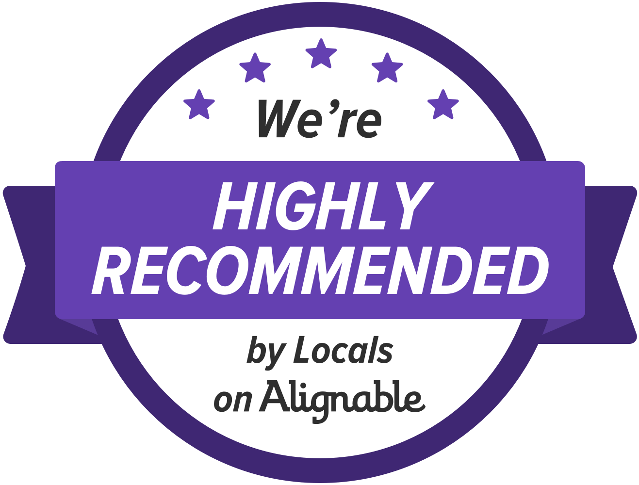 A purple badge that says `` we 're highly recommended by locals on alignable ''