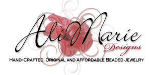 a logo for ali marie designs hand crafted original and affordable beaded jewelry
