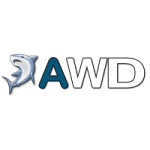 a logo for a company called awd with a shark on it .