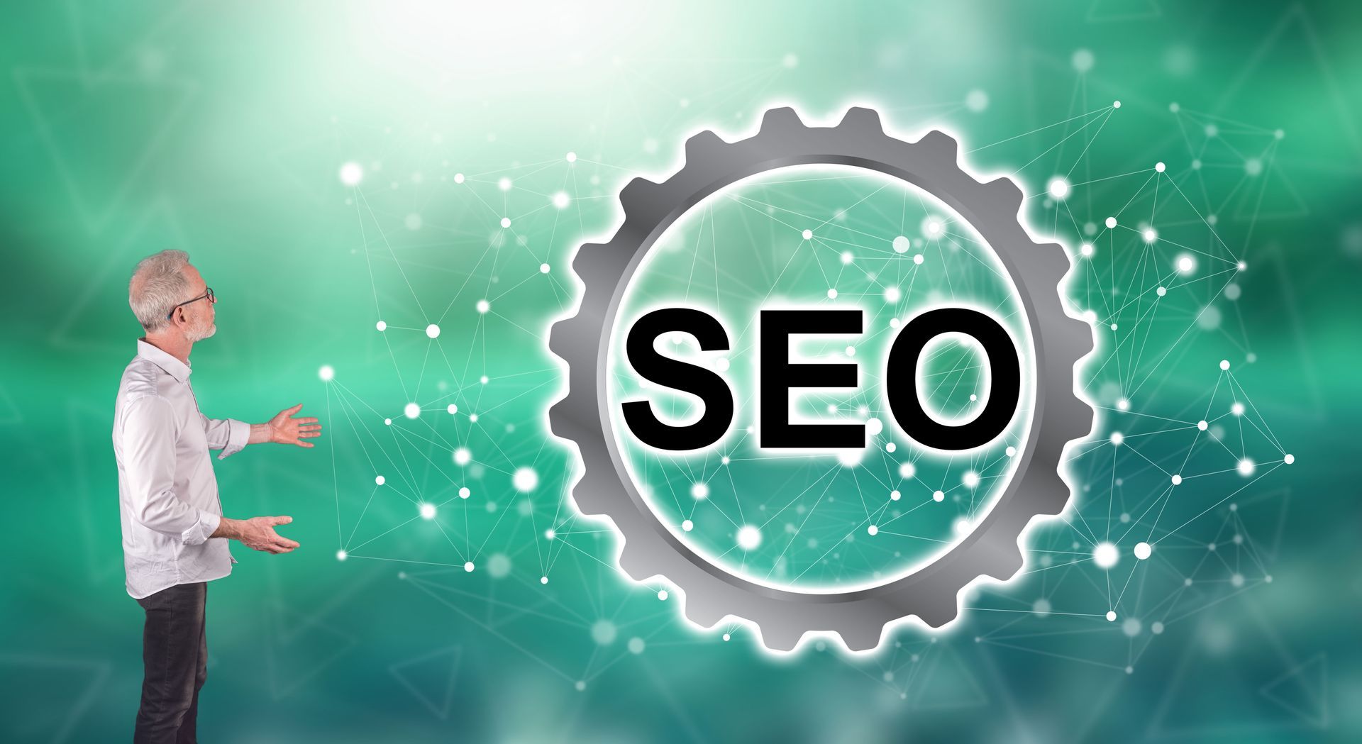Man in white shirt looking at glowing SEO gear icon on green digital background