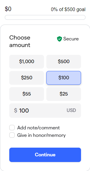 A screenshot of a choose amount page on a website.