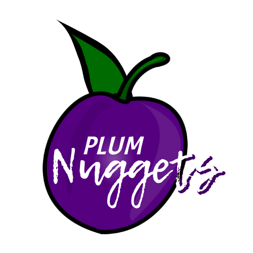 a purple plum with a green leaf and the words plum nuggets written on it