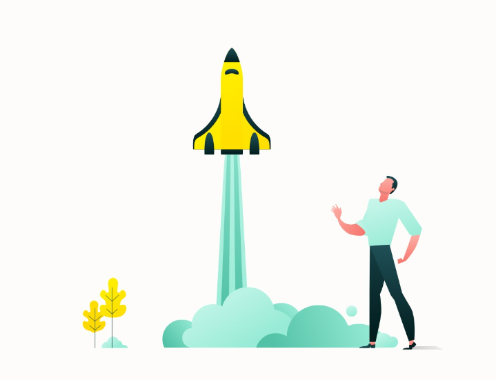 a man is standing in front of a rocket flying through the air
