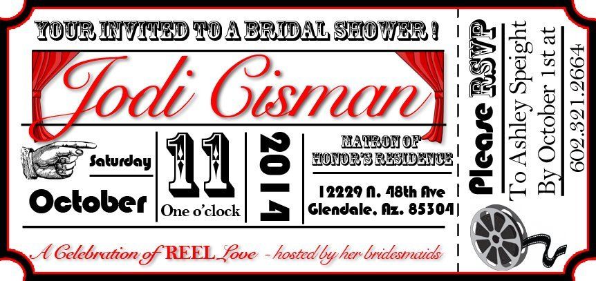 a ticket for a bridal shower for jodi gisman