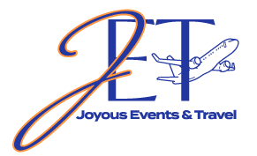 A blue and orange logo for joyous events and travel