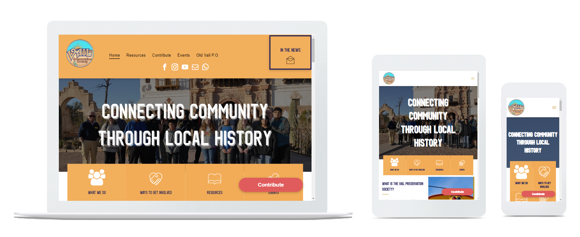 a laptop , tablet , and cell phone displaying a website for connecting community through local history .