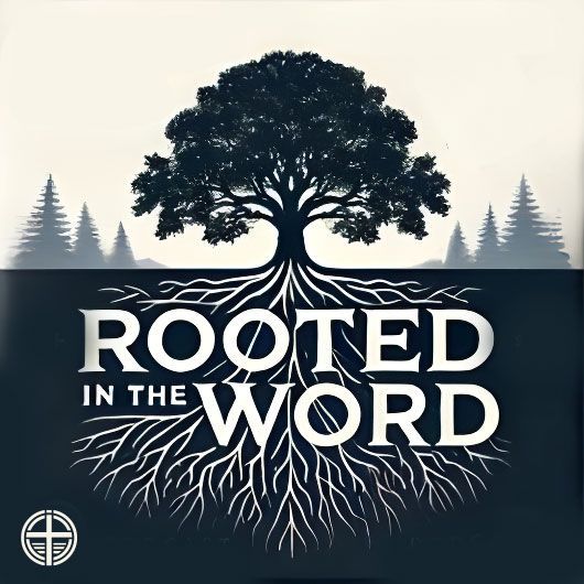 A logo for rooted in the word with a tree and roots