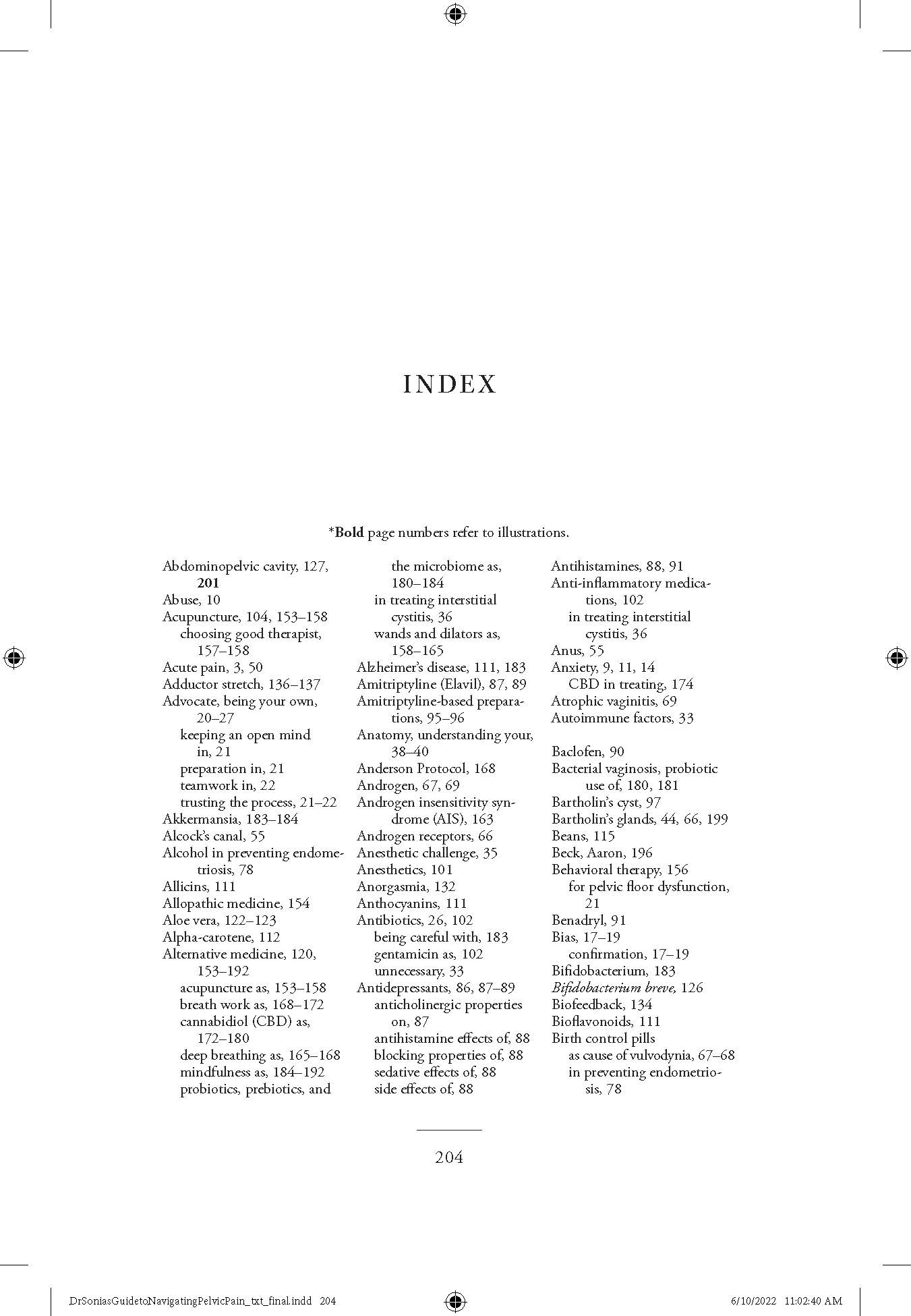 A black and white page of a book with the index at the top.