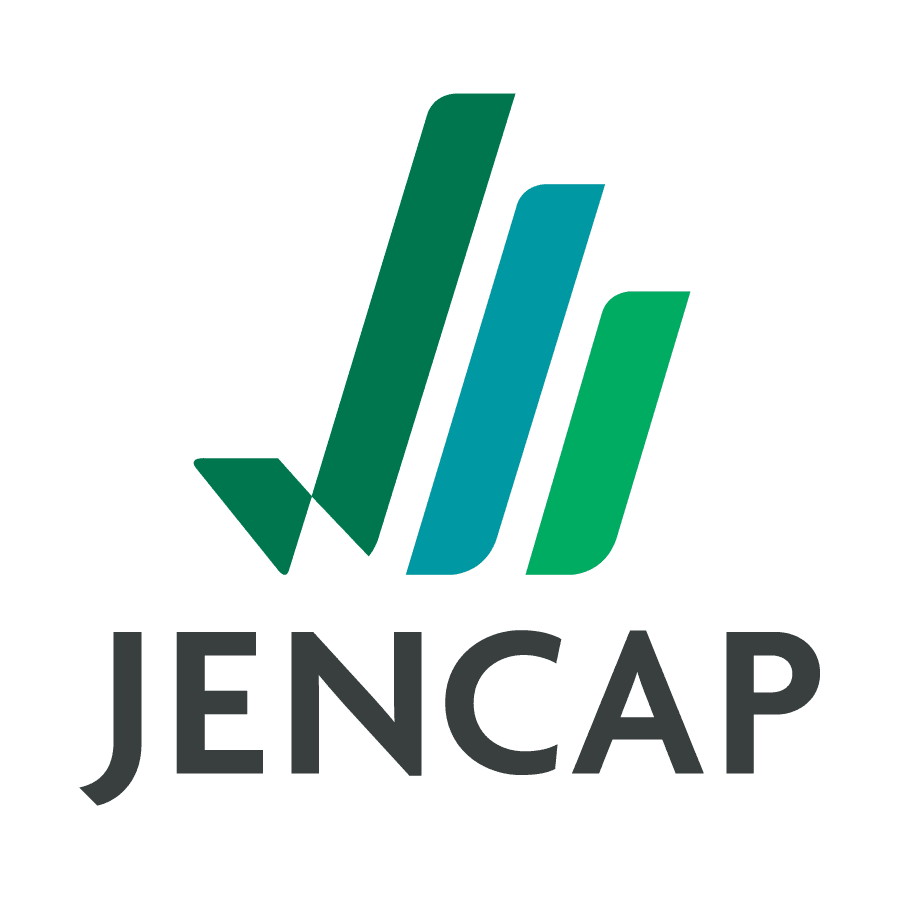 The logo for jencap is a green and blue check mark.