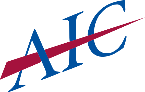 A blue and red aic logo on a white background
