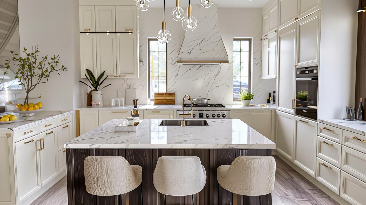 Elegant kitchen with cream cabinets, marble countertops, island with seating, and gold accents.