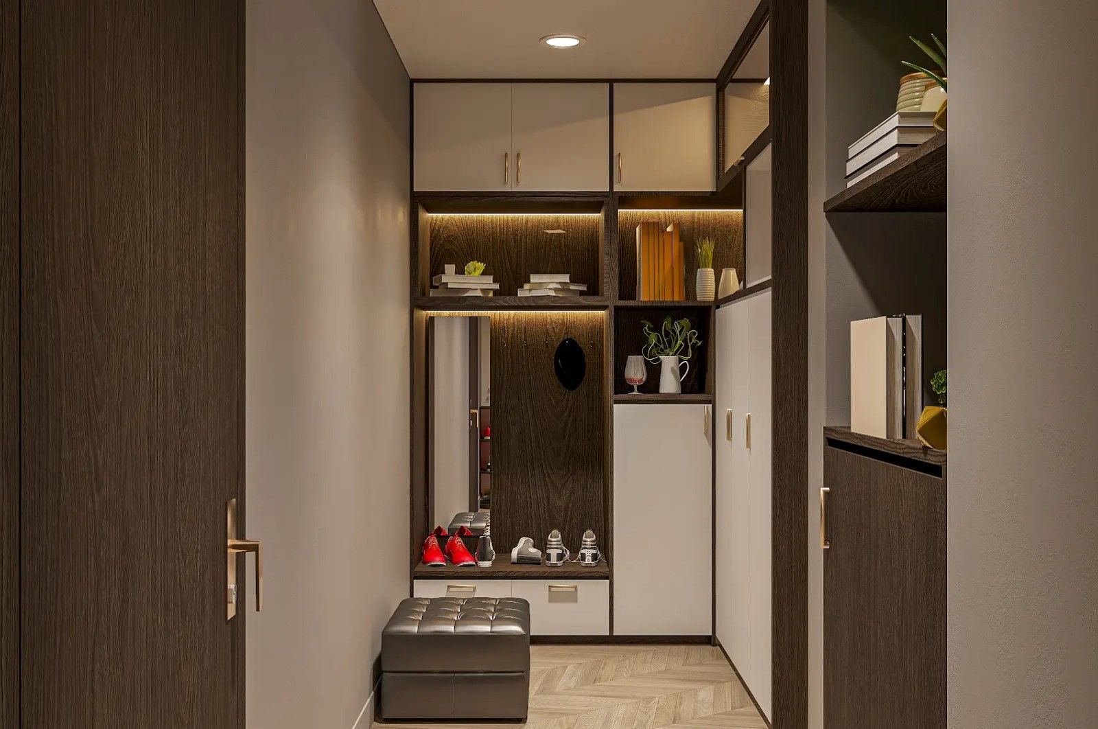 A hallway with lots of cabinets and shelves and a mirror.