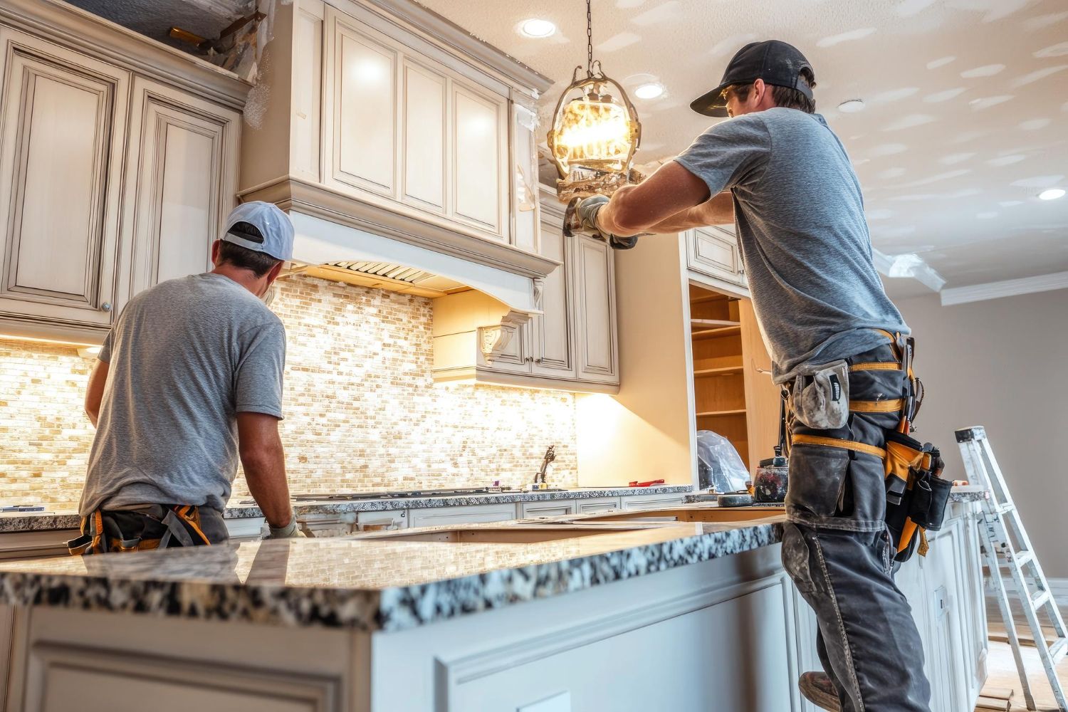 Two workers installing kitchen cabinets; one reaching, the other working on countertop.