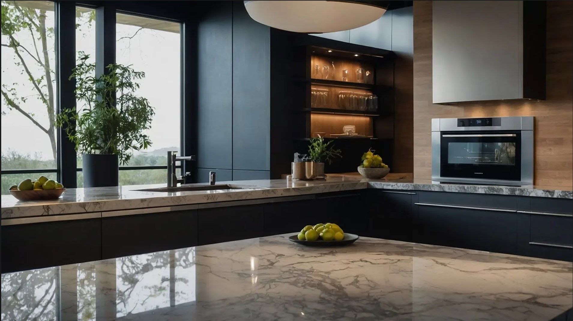 A kitchen with a marble counter top and a large window.