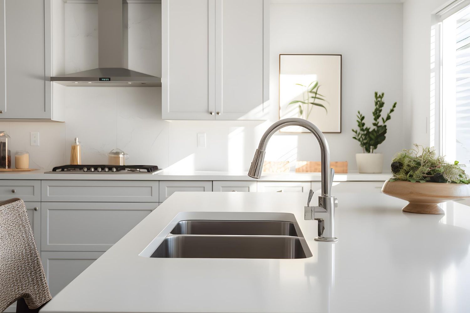 Modern, bright white kitchen with stainless steel faucet, sink, and cabinets.