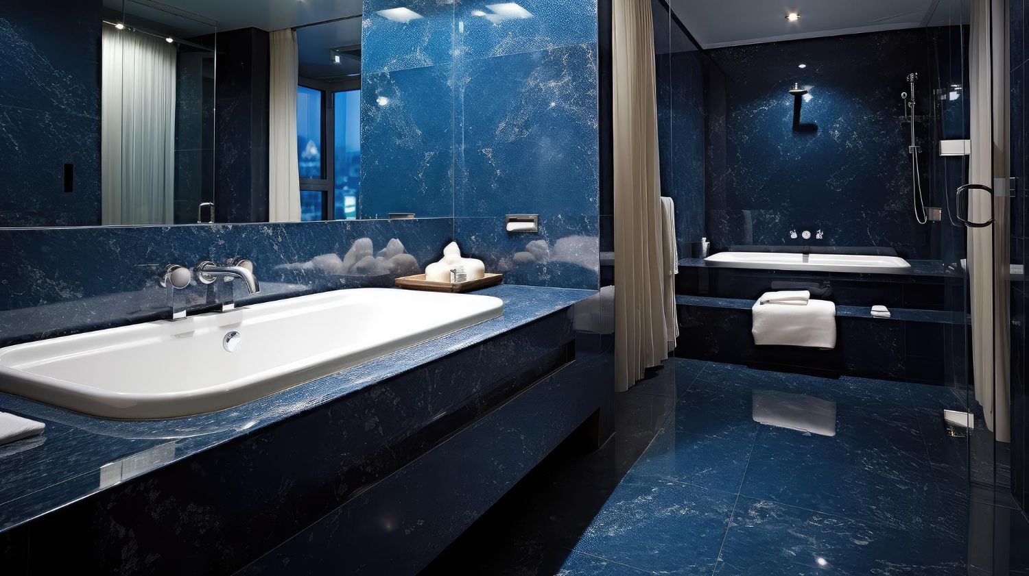 Luxurious blue marble bathroom with a large bathtub and jacuzzi.