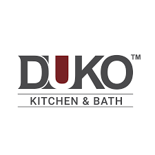 Logo for DUKO Kitchen & Bath in gray and burgundy with tagline