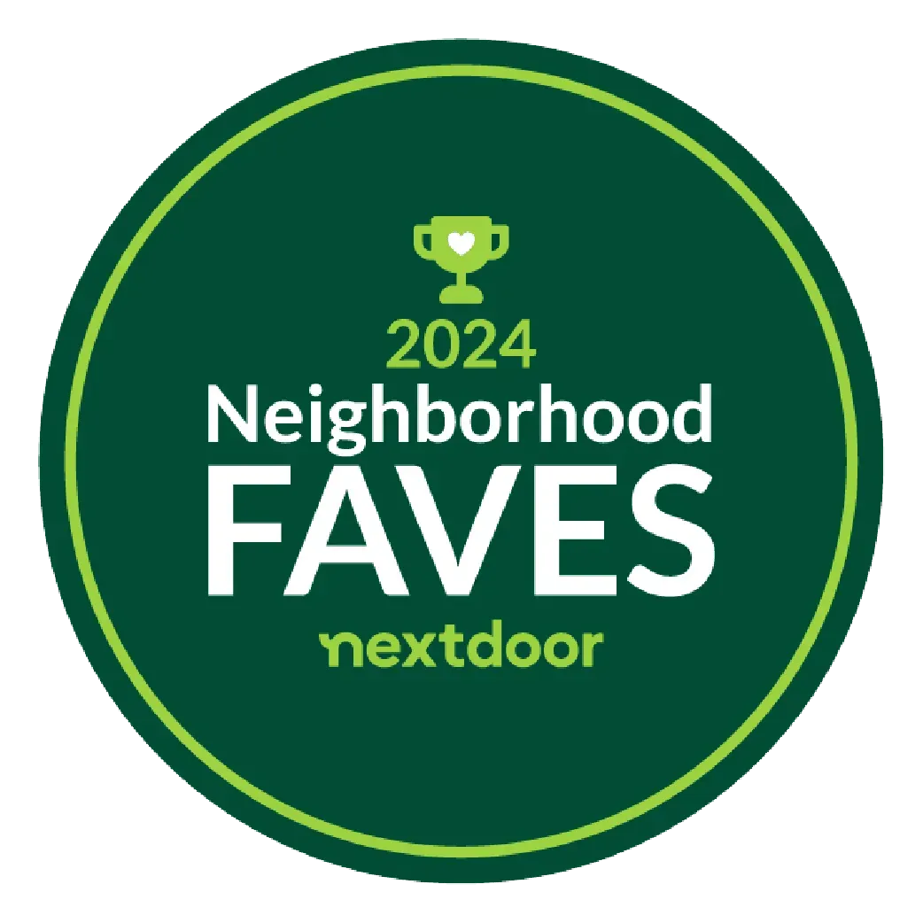 Green circular badge reading “2024 Neighborhood FAVES nextdoor” with a small trophy icon.
