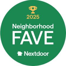 Green circular badge reading “2025 Neighborhood FAVE” with Nextdoor logo