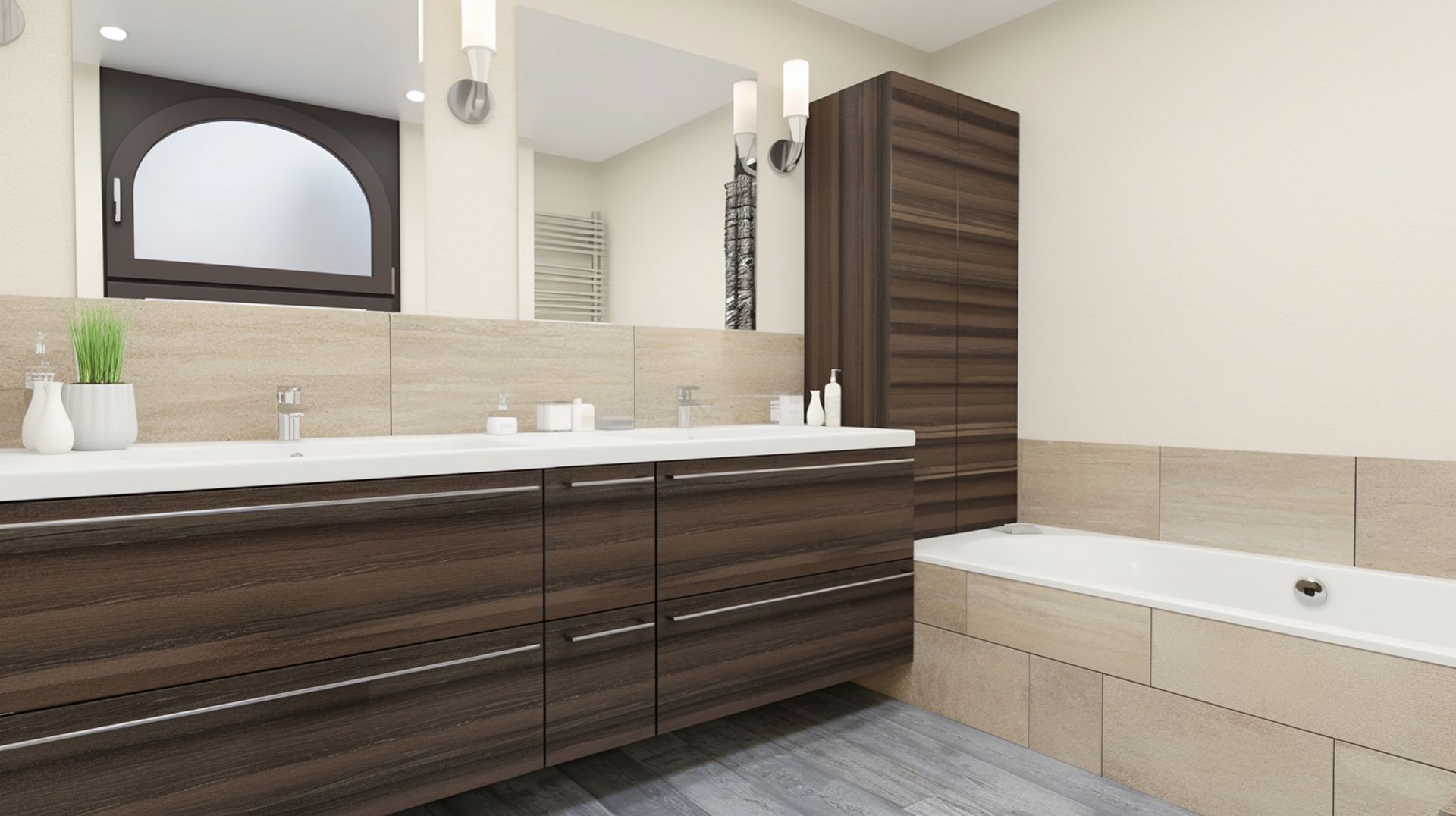 Bathroom with a dark wooden vanity, tub, and tall cabinet. Beige tile and walls.