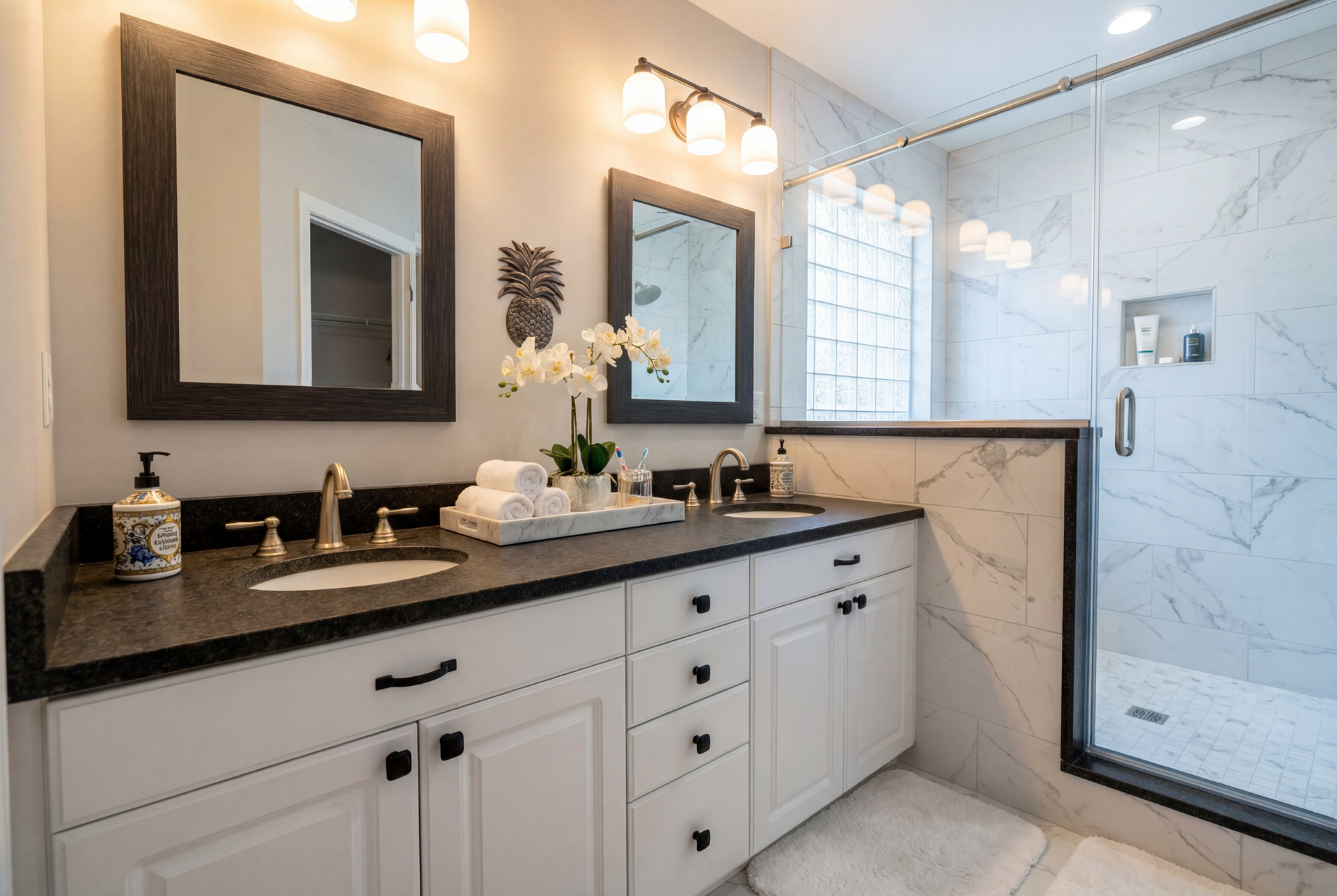 Bathroom with double vanity, marble-like wall tiles, glass shower, and white cabinets.