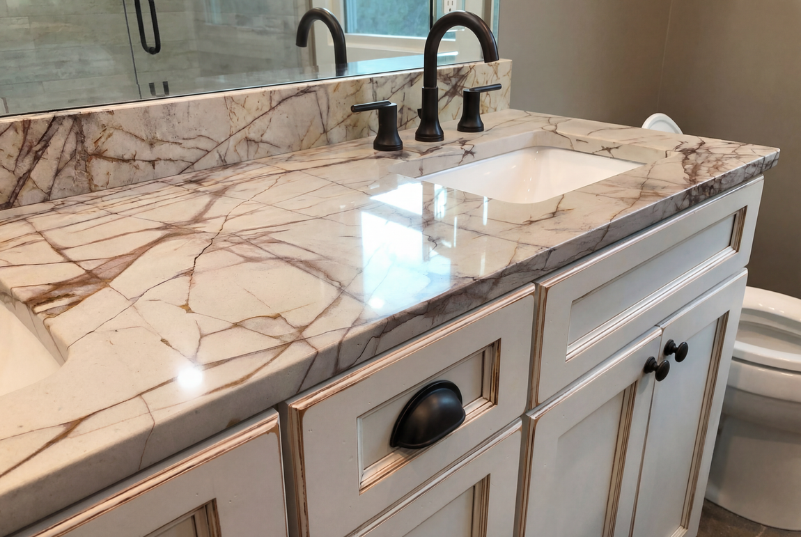 Bathroom vanity with white cabinets, marble countertop, and black faucet.