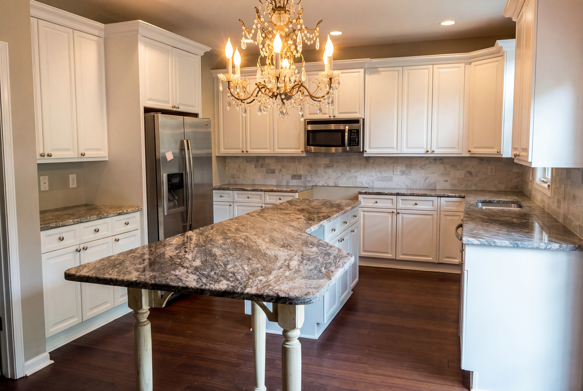 Kitchen with white cabinets, stainless steel sink, light gray countertop, and window with white brick backsplash.