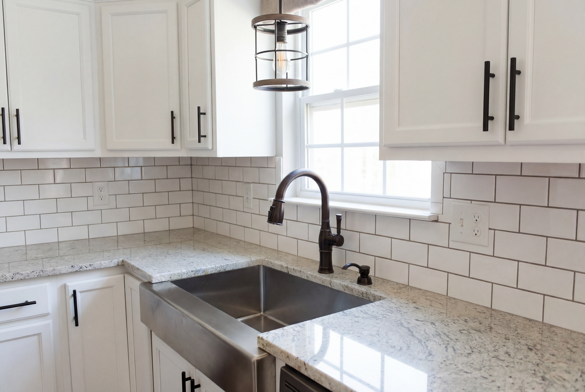 A kitchen with a stainless steel sink and granite counter tops.