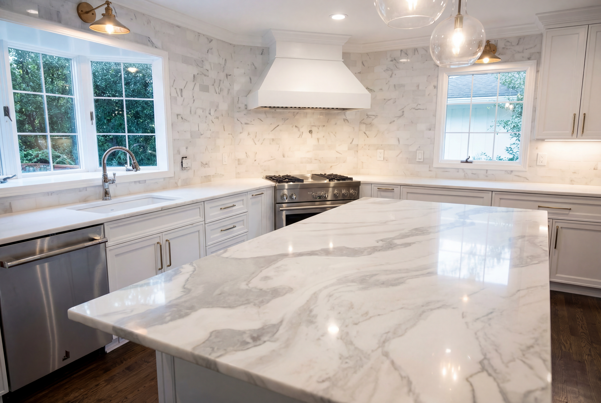 Bright kitchen with white cabinets, marble countertops, stainless steel appliances, and large windows.